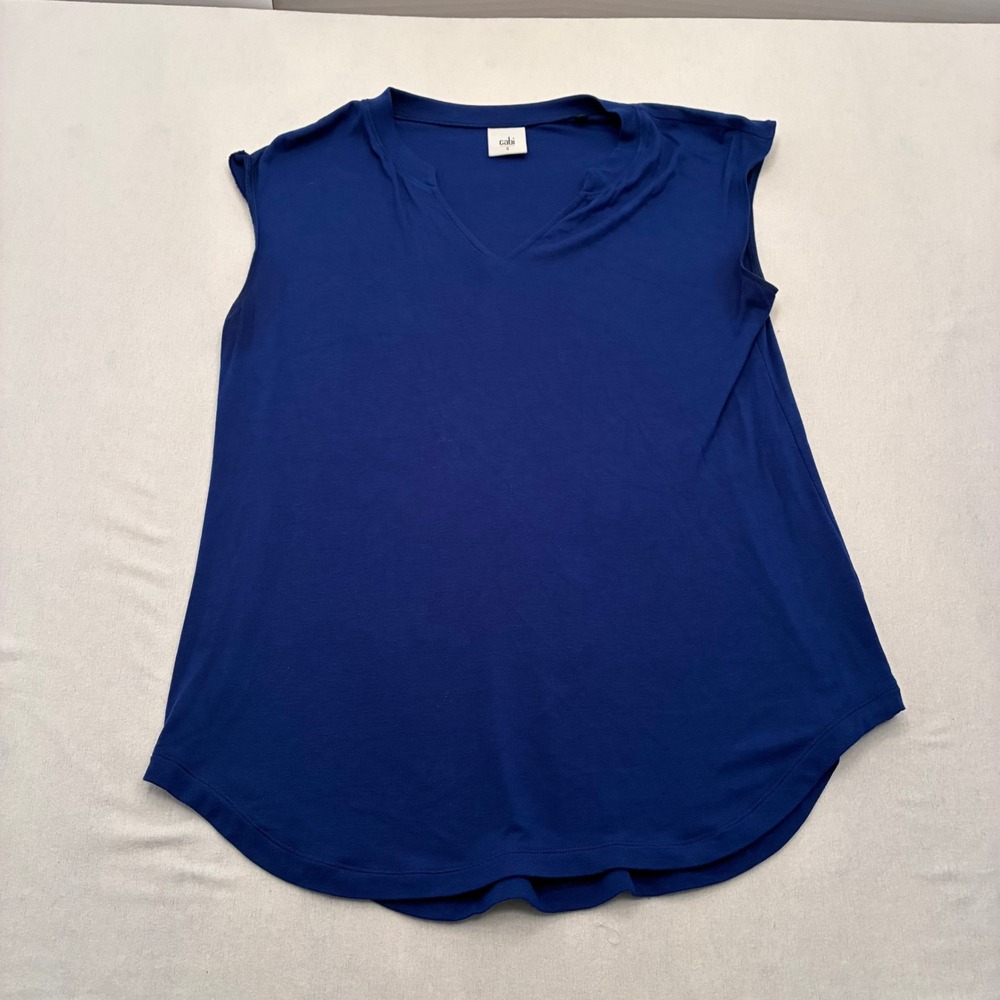 Cabi Royal Blue Sleeveless Split V-Neck Knit Top Curved Hem Small